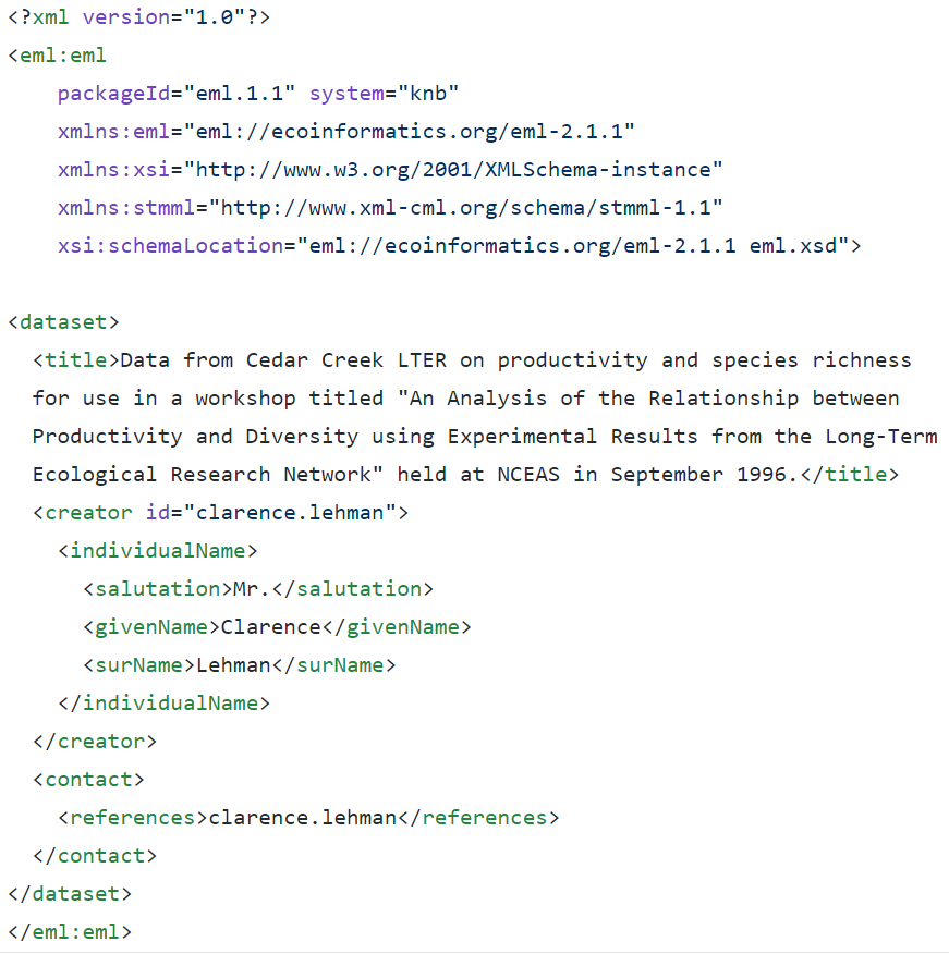 A very simple example of an EML file for metadata, shown in XML syntax.