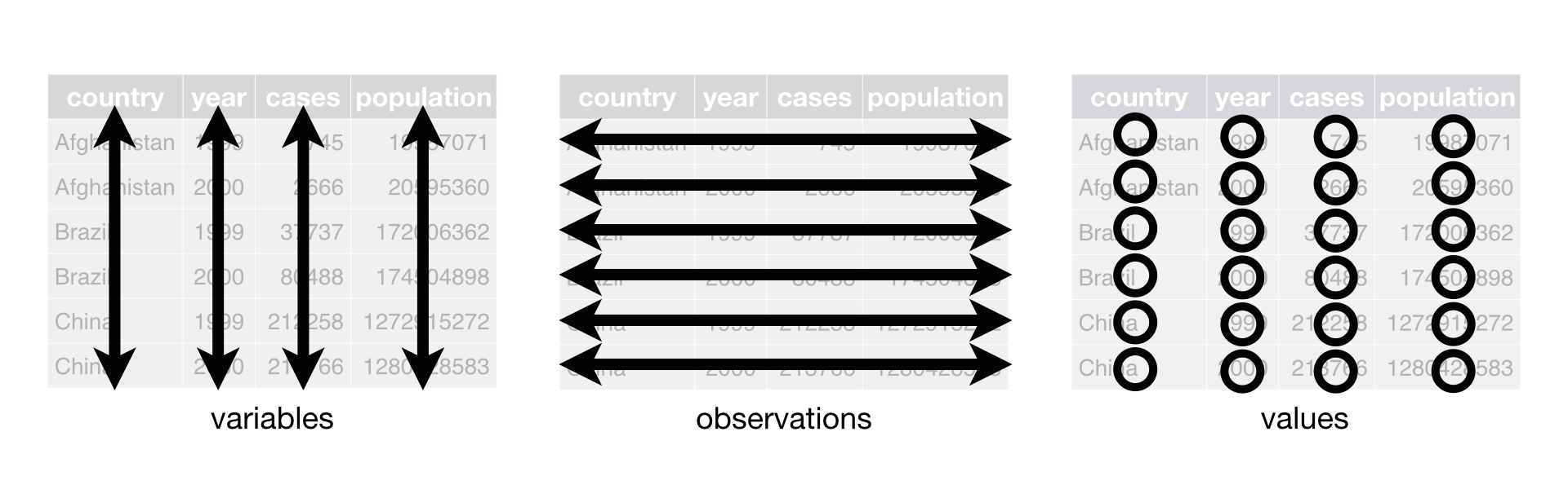 A representation of the rules for tidy data (from Wickham and Grolemund, 2017).